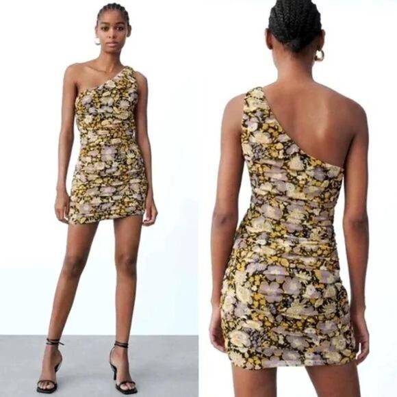 NWT Zara Floral Ruched Mini Dress Size M - Picture 1 of 8